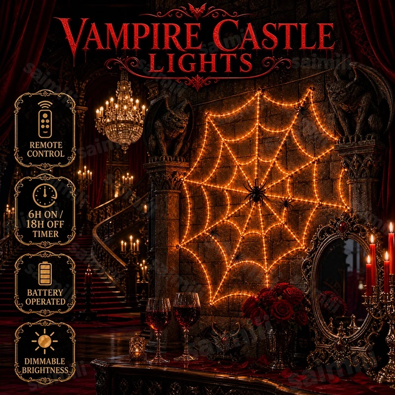 Halloween Led String Lights Orange - Świąteczne lampki LED w kształcie pajęczyny